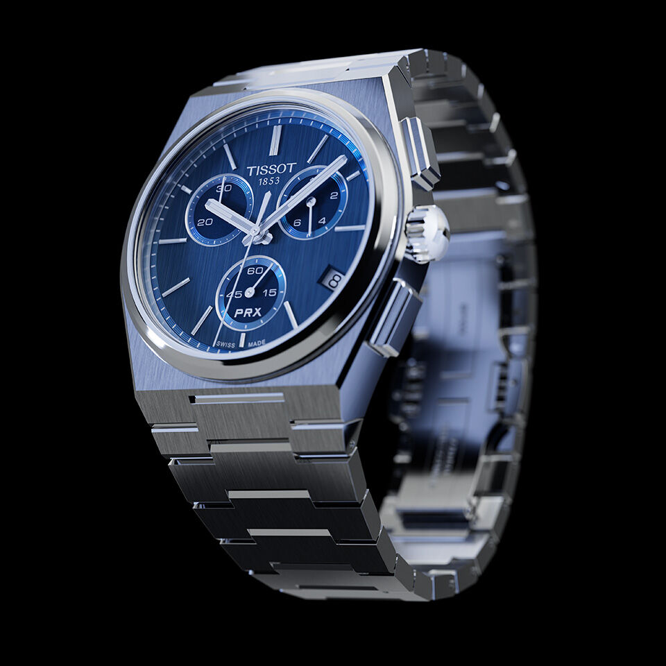 Tissot PRX Quartz Chronograph with blue dial.